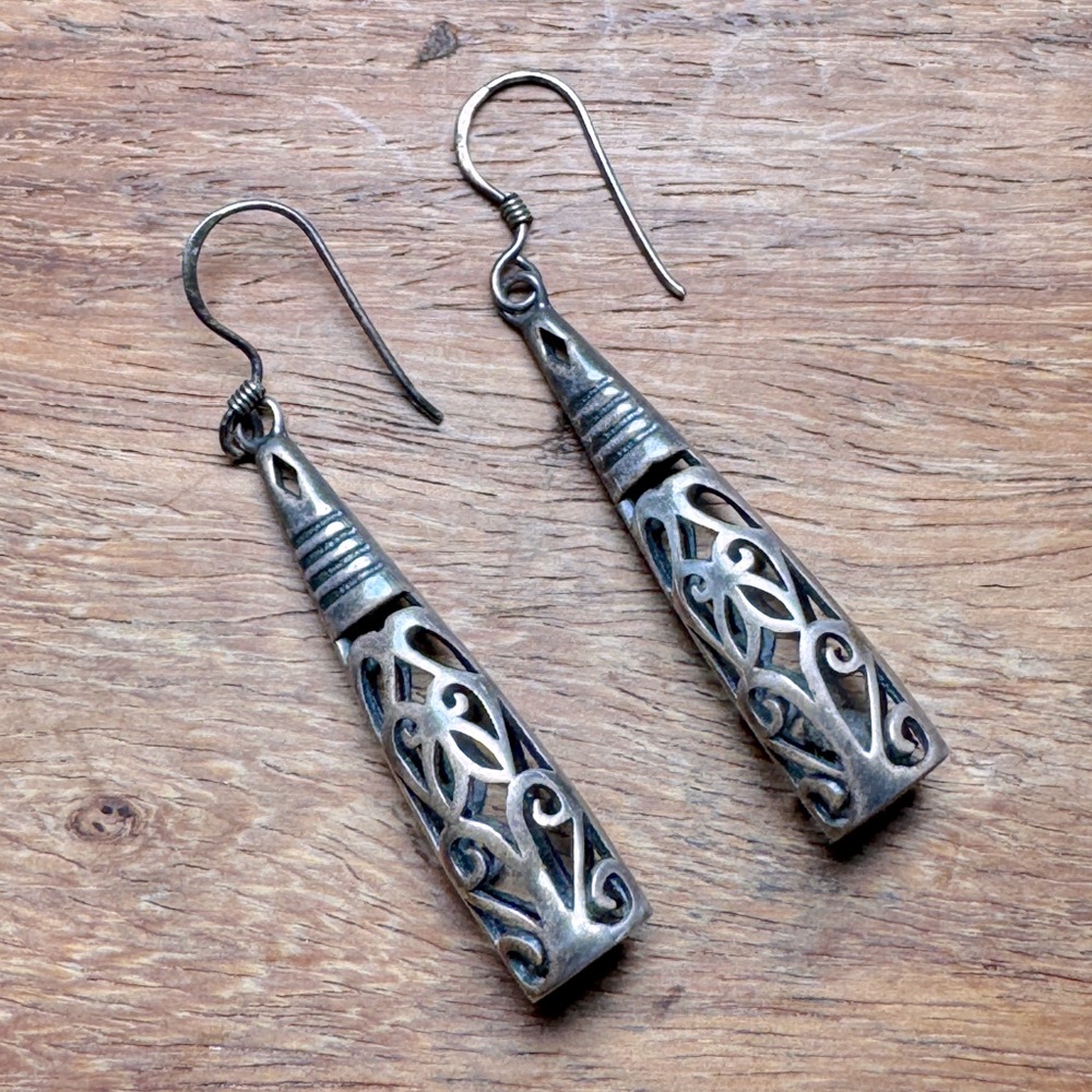 Vintage 925 Silver Filigree Long Earrings
